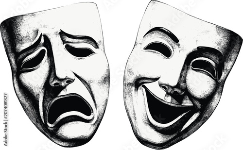 Fotografía Theater masks vector illustration depicting comedy and tragedy expressions in vintage classic textured monochrome hand drawn sketch style