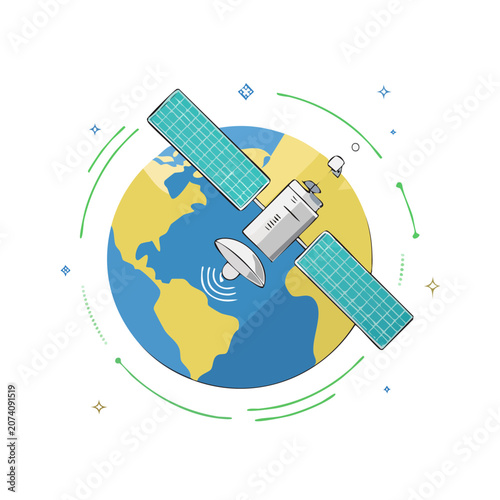 Satellite orbiting Earth with signal waves, flat vector illustration