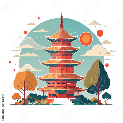Traditional East Asian Pagoda with Sun and Trees