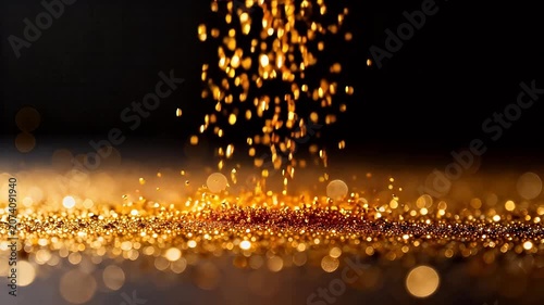 Golden glitter particles on dark background