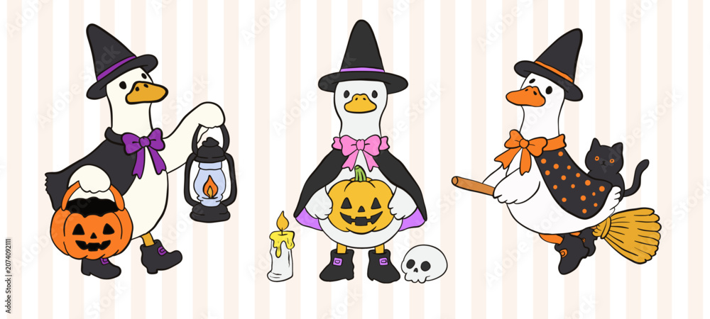 Obraz premium Set of trendy minimal Halloween posters with funny goose, pumpkins, bats and modern typography.Cute Spooky Silly Goose Halloween Costume Trick or Treat Hand Drawn collection icon and background