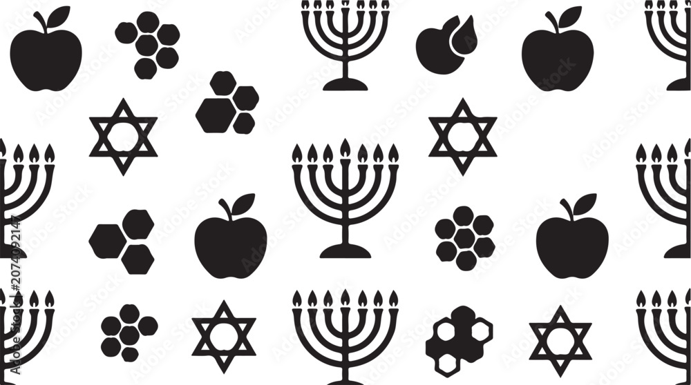 Fototapeta premium Rosh Hashanah seamless pattern, Jewish holiday icons, black vector isolated on Transparent Background