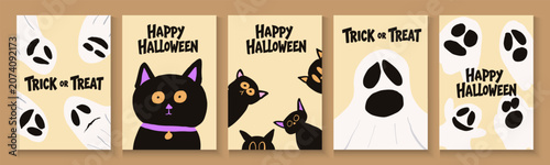 Konstfotografi Set of trendy minimal Halloween posters with funny goose, pumpkins, bats and modern typography