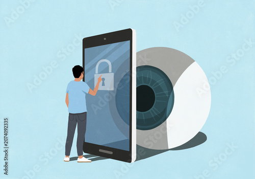 Large eyeball watching man at smart phone touch screen with padlock