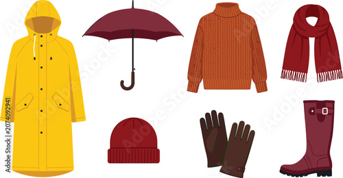 Tableau sur toile Flat vector autumn and rainy season clothing set with yellow raincoat umbrella k