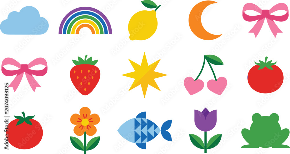 Obraz premium Cute colorful vector flat sticker collection with rainbow cloud lemon moon bow strawberry star cherry tomato flower fish and frog isolated on white background
