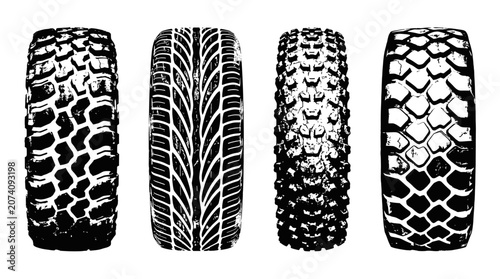Grunge Tire Tread Prints Black and White Vector Icon Set