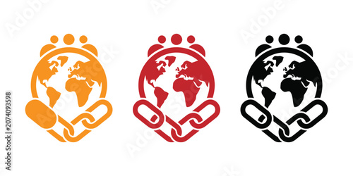 Vector icons of hands holding the earth with chain links