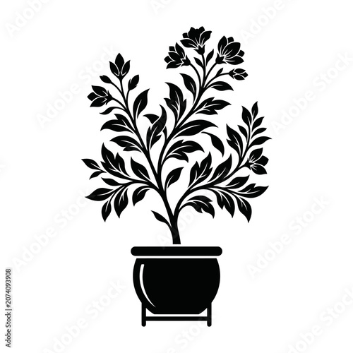 Black potted plant, indoor flower pot, leafy houseplant, minimalist botanical vector