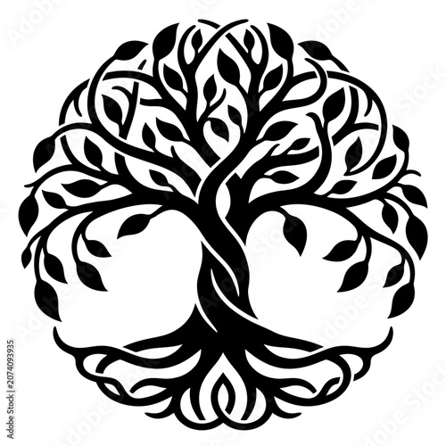 Black tree of life symbol, circular leafy design, vector logo, nature icon, botanical emblem
