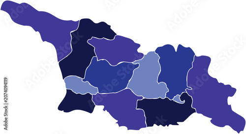 Purple and blue shaded political map of Georgia country with regional administrative divisions