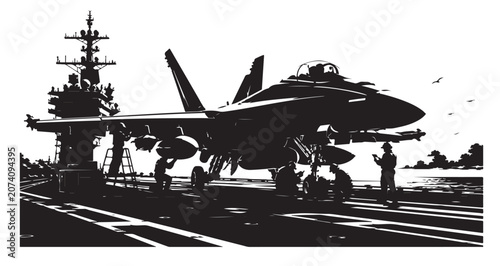 Quadro su tela Fighter Jets on Aircraft Carrier Flight Deck Naval Aviation Illustration