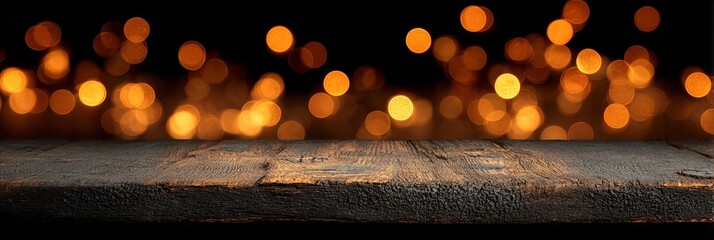 Dark Rustic Wood Table Surface with Festive Warm Golden Bokeh Fairy Lights For Holiday Display
