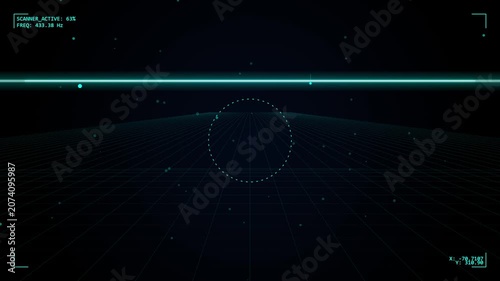Futuristic digital scanner interface with glowing data grid and radar
