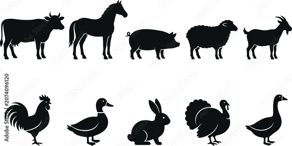 Fototapeta premium Farm Animal Icons, Black Silhouettes, 10 Vector Graphics, Farm Fresh Illustrations, Agriculture Symbols