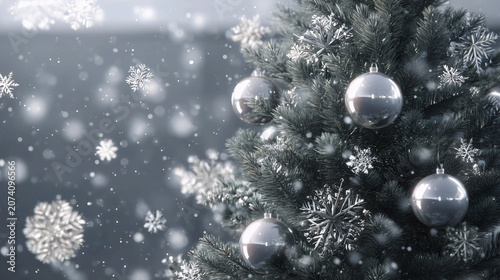 Christmas tree decorated with shiny silver baubles and delicate snowflakes during a magical heavy snowfall. AI generated