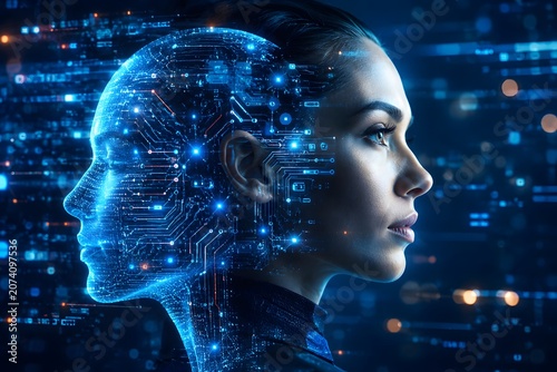 Futuristic AI human face with digital data network for artificial intelligence and technology innovation businesses