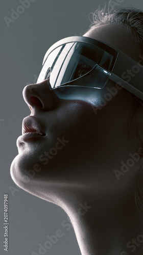 Person wearing futuristic AR glasses looking up