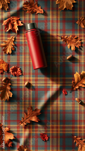 Red thermos with autumn leaves on plaid blanket