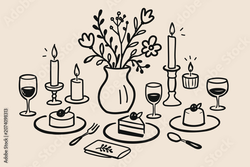 Quadro su tela Elegant Dinner Table Decor Doodle Sketch Vector Illustration with Candles, Flora