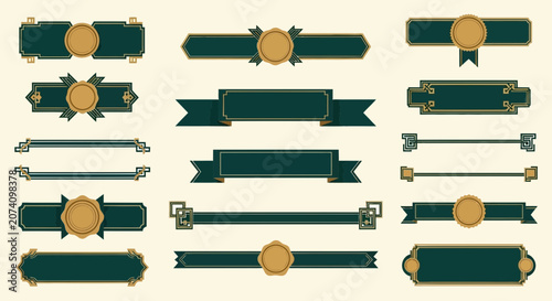 Vintage Decorative Borders and Banners, Ornate Frames, Green and Gold