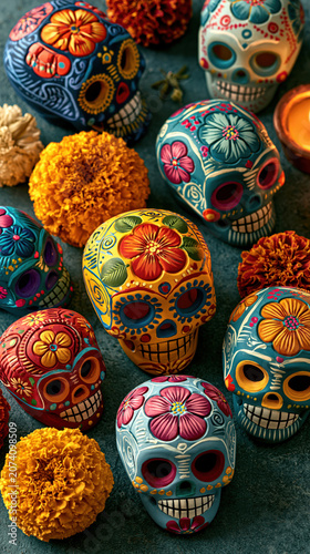 Day of the dead skulls and marigolds