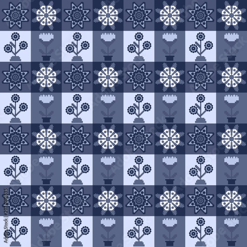Seamless matrix grid pattern, pixel art style, embroidery texture, geometric line art, 