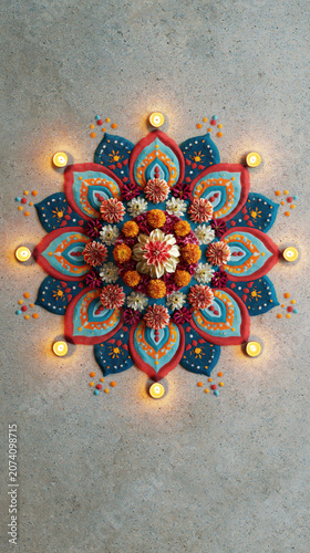 Colorful rangoli with flowers and diyas on concrete