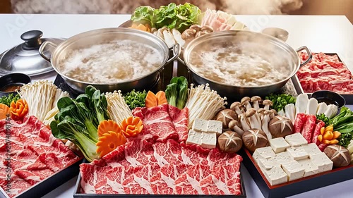 Extensive shabu shabu platter with beef and vegetables