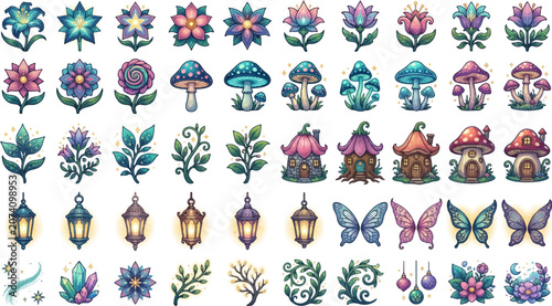 Konstfotografi Fairy garden icons featuring magical flowers, glowing mushrooms, and enchanted lanterns bring a fantasy forest theme to life