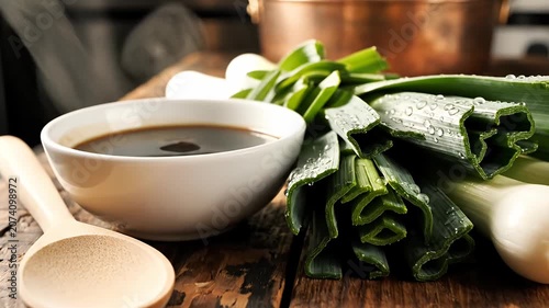 Fresh green onions and balsamic vinegar on rustic wood