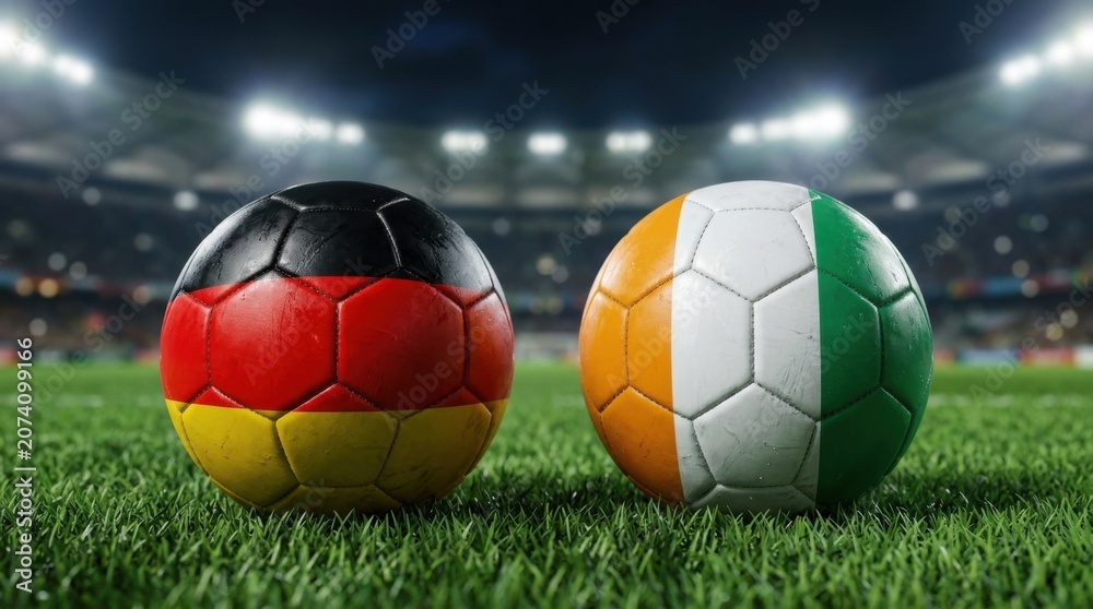 Fototapeta premium Two soccer balls with Germany and Ivory Coast flag colors on stadium grass