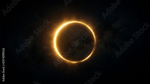 Brilliant golden ring of fire surrounds the dark moon during a solar eclipse