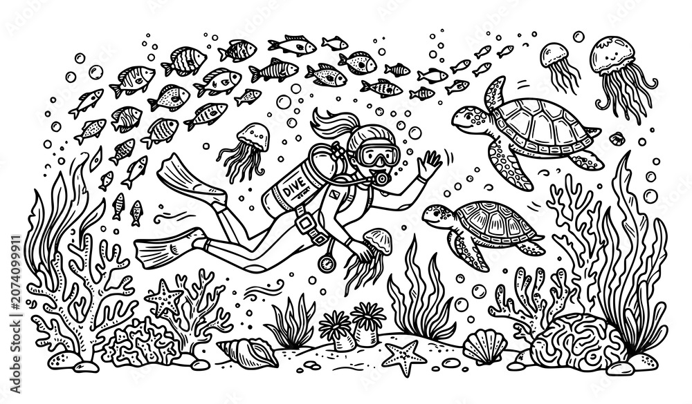 Fototapeta premium Hand Drawn Scuba Diver with Sea Turtles Fish and Seaweed Doodle Line Art Marine Life Vector Illustration Set