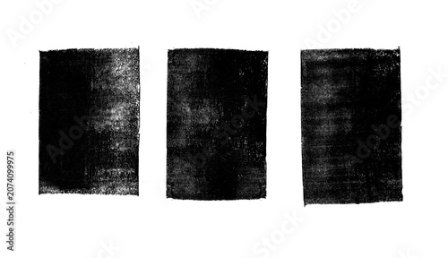 Set of  vertical rolled ink stamp black texture with brayer not eroded on edges. Linocut irregular relief printing illustration. Letter press grunge vintage rough square shape with dirty and noise.. 