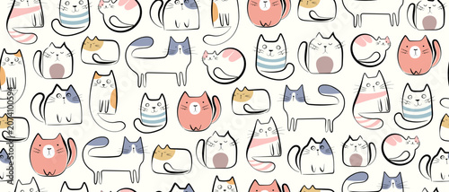 Seamless pattern with hand-drawn cute kittens. Decorative wallpaper featuring funny kittens in a doodle style. Design for children's rooms and wrapping paper for animal lovers.