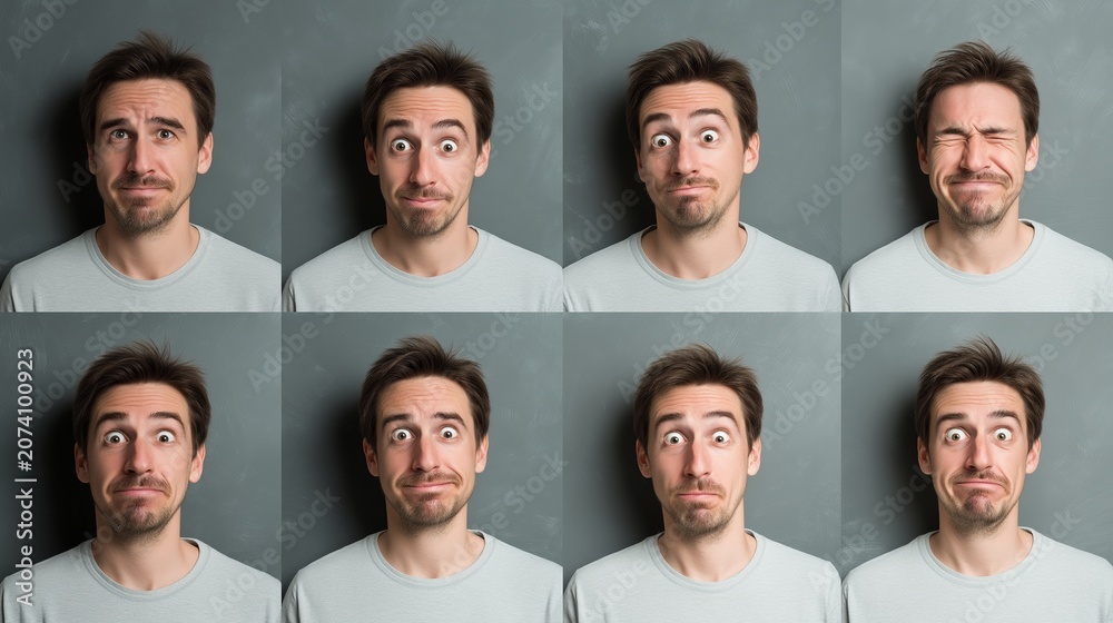 Fototapeta premium Different facial expressions of a man in a gray room during daylight hours showing surprise, joy, confusion, and more