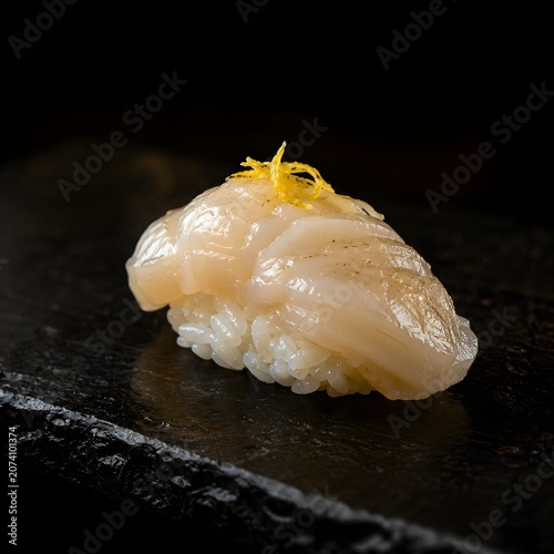 Scallop nigiri sushi with lemon zest on black stone plate