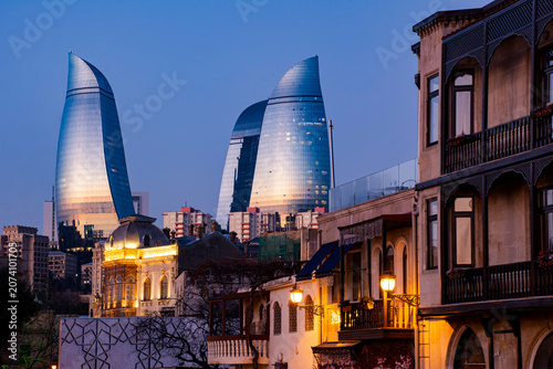 Flame Tower Building in Sunrise, Baku City, Azerbaijan 