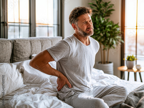 Man with Back Pain Sitting on Bed in Morning