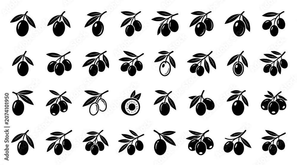 Obraz premium Set of black olive branch icons in simple silhouette style