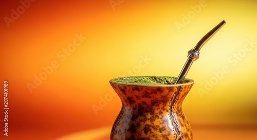 Authentic setup featuring a calabash gourd and specialized metal filter straw used for sipping warm yerba mate tea, symbolizing friendship and energy, natural, afternoon, fresh