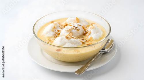 Hungarian Madartej floating island dessert in a glass bowl, isolated on white. Excellent for elegant dessert menus and illustrations