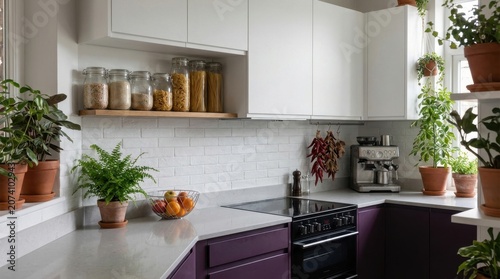 Bright and Airy Kitchen with Plants and Modern Appliances.