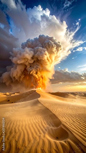A massive dust storm rises over golden desert sand dunes