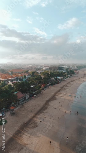 Aerial Drone View of morning Seminyak Beach, Bali, Indonesia