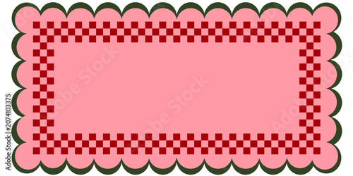Aesthetic Pink Scalloped Frame with Red Checkered Border. Retro Gingham Text Box Template with Scalloped Edge. Pink and Red Checkered Banner with Scalloped Lace Border. Cute Picnic Style Label