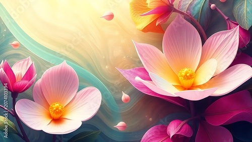 Beautiful pink and yellow flowers blooming in a soft, dreamy, abstract watercolor background