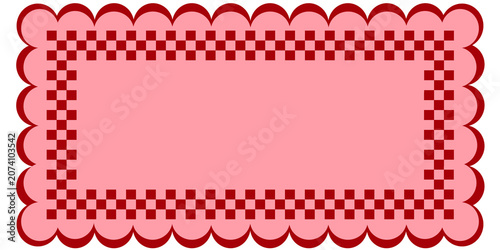 Retro Pink and Red Scalloped Checkered Banner Template. Aesthetic Gingham Frame with Scalloped Edge for Stationery. Pink Checkered Text Box with Red Decorative Scalloped BorderCute Valentine Style 