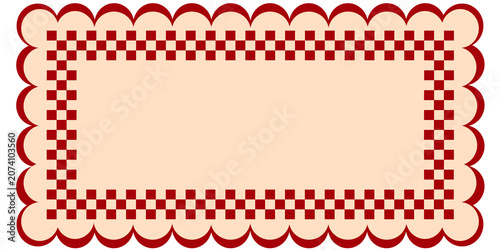 Classic Retro Red Checkered Scalloped Frame. Vintage Picnic Style Aesthetic Border Template. Minimalist Red and White Gingham Banner Label. Checkered Racing Theme Rectangular Text Box